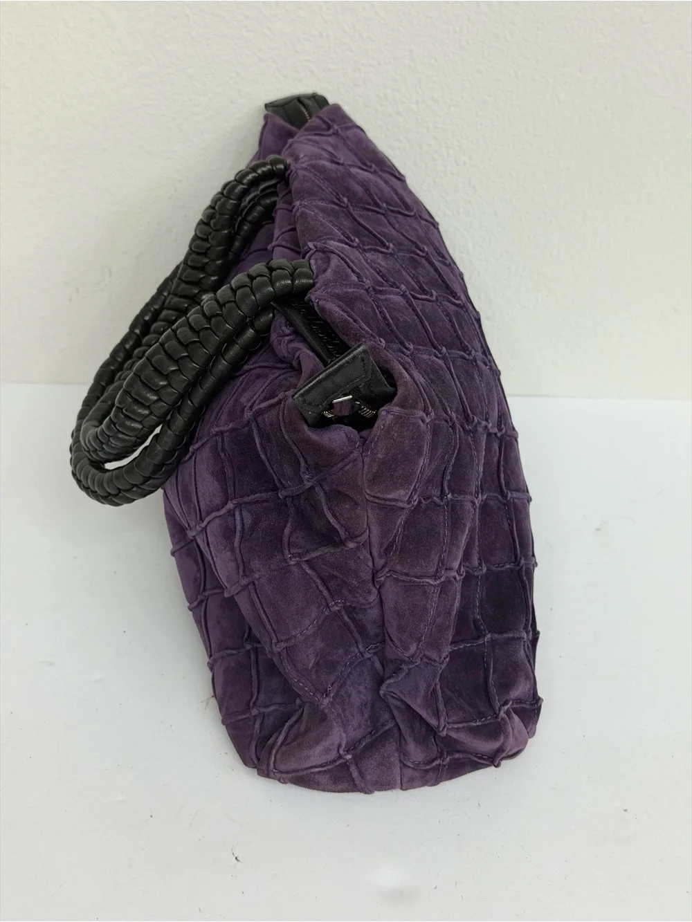 Giorgio Armani Purple Suede Woven Leather Top Handle Handbag Made in Italy
